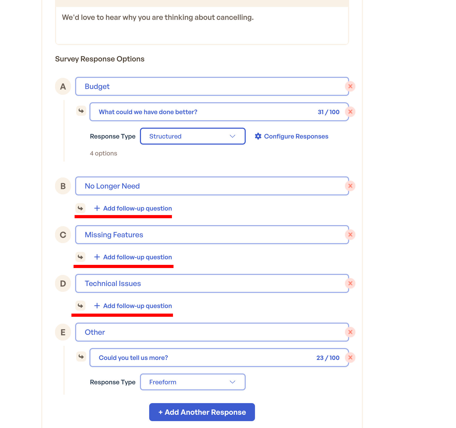 Survey builder showing survey choices with Add follow-up question buttons and a configured follow-up on Budget