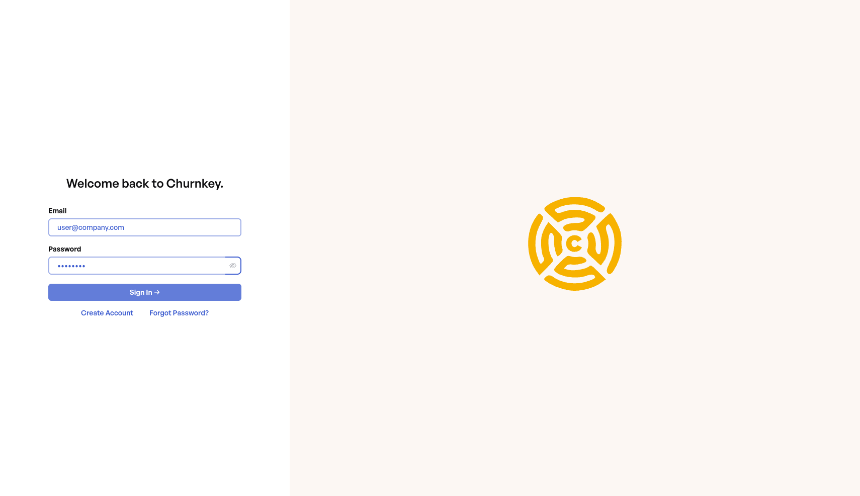 The standard Churnkey login page — enter your email and password, then click Sign In