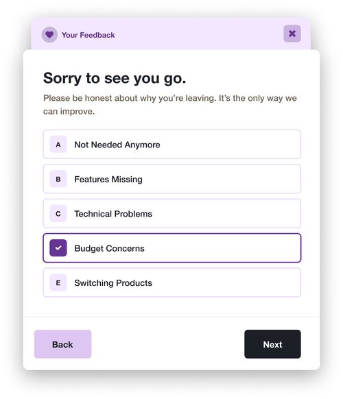 Cancellation Survey interface with multiple choice options